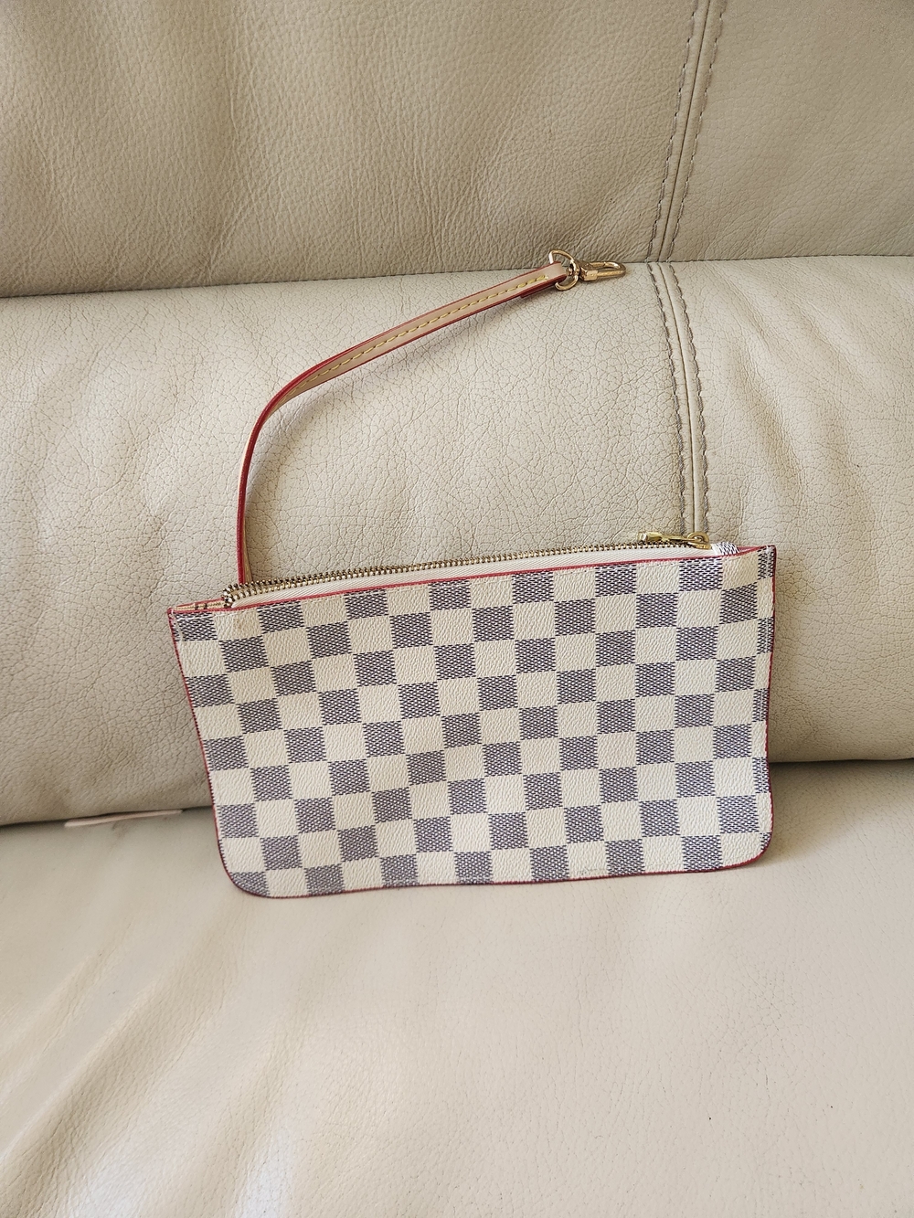 Checkered Wristlet Pouch in Cream and Gray with Red Trim